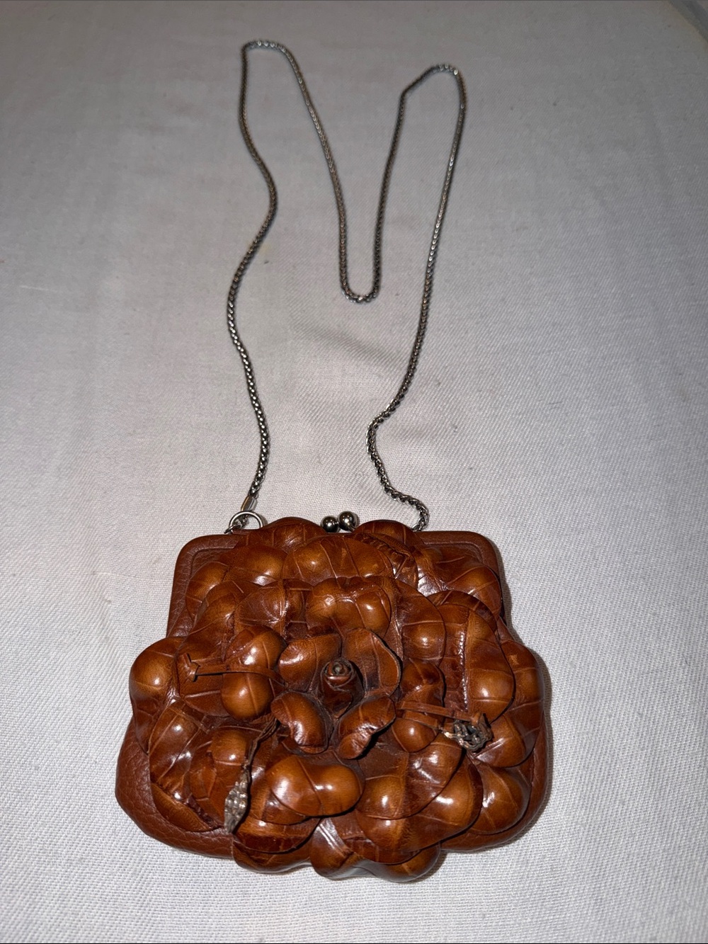 BRIGHTON Rosalie 3D Flower Brown Patent Leather Crossbody Evening Purse Bag